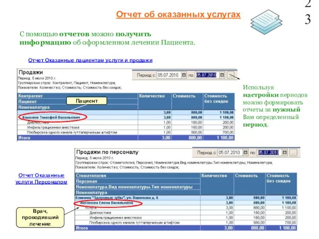 Отчет об оказанных услугах 23 С помощью отчетов можно получить информацию об