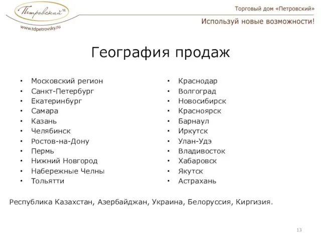 География продаж Московский регион Санкт-Петербург Екатеринбург Самара Казань Челябинск Ростов-на-Дону Пермь Нижний