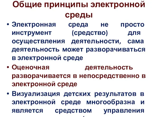 Общие принципы электронной среды Электронная среда не просто инструмент (средство) для осуществления