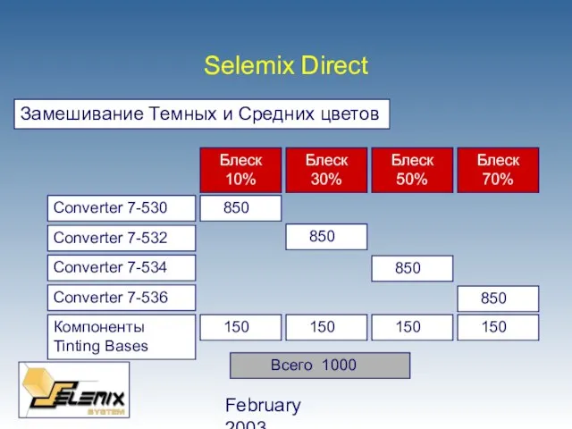 February 2003 Всего 1000 Замешивание Темных и Средних цветов Блеск 10% Selemix