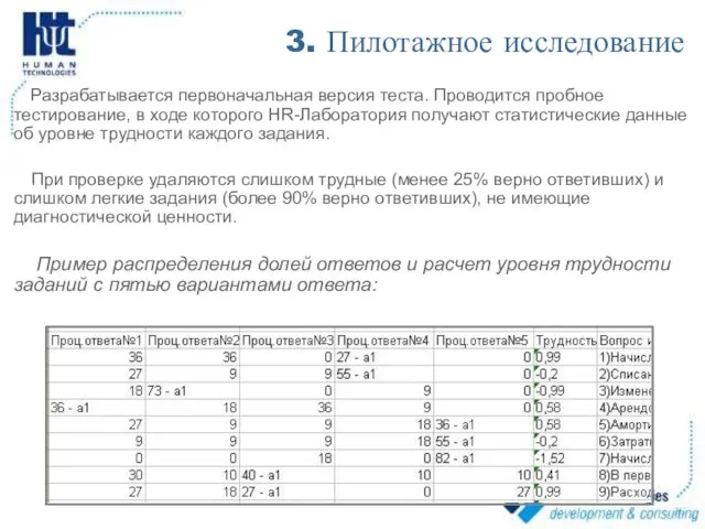 3. Пилотажное исследование Разрабатывается первоначальная версия теста. Проводится пробное тестирование, в ходе