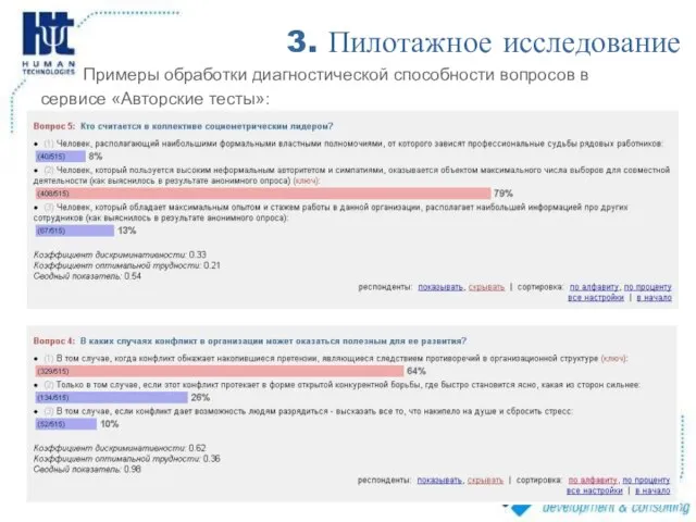 3. Пилотажное исследование Примеры обработки диагностической способности вопросов в сервисе «Авторские тесты»: