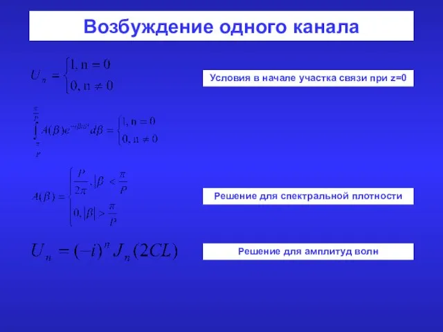 Возбуждение одного канала Условия в начале участка связи при z=0 Решение для