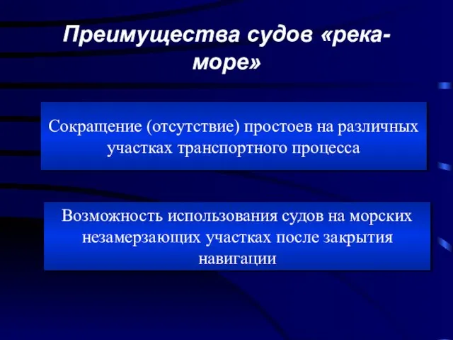 Преимущества судов «река-море» Сокращение (отсутствие) простоев на различных участках транспортного процесса Возможность