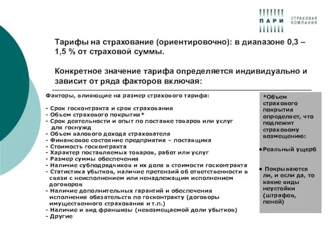 Тарифы на страхование (ориентировочно): в диапазоне 0,3 – 1,5 % от страховой