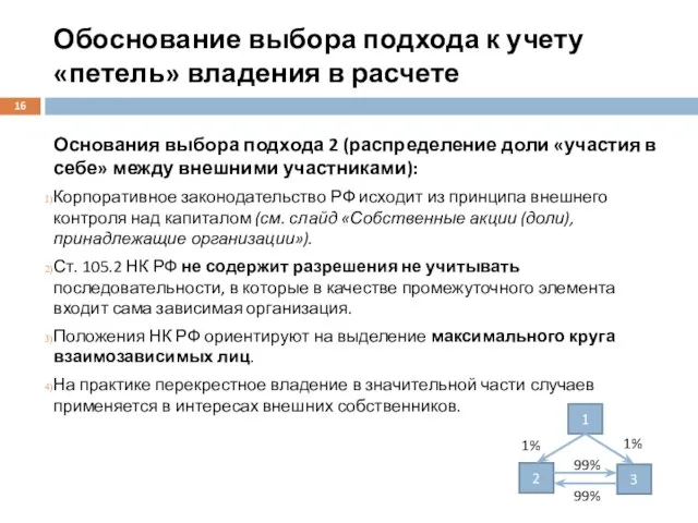 Обоснование выбора подхода к учету «петель» владения в расчете Основания выбора подхода