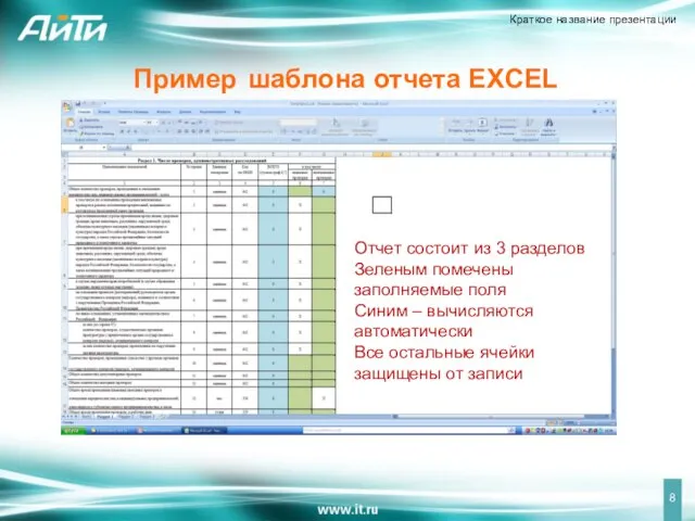 Пример шаблона отчета EXCEL Отчет состоит из 3 разделов Зеленым помечены заполняемые