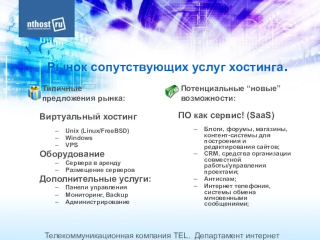 Телекоммуникационная компания TEL. Департамент интернет хостинга. Телефон: + 7 495 7874224 Рынок