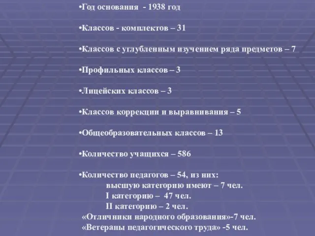 Год основания - 1938 год Классов - комплектов – 31 Классов с