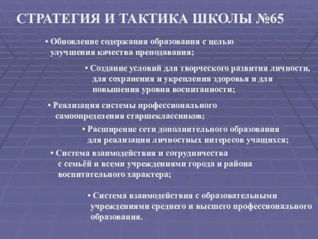 СТРАТЕГИЯ И ТАКТИКА ШКОЛЫ №65 Обновление содержания образования с целью улучшения качества