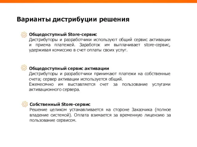 Общедоступный сервис активации Дистрибуторы и разработчики принимают платежи на собственные счета; сервер