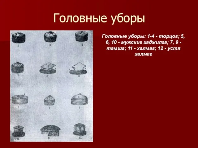 Головные уборы Головные уборы: 1-4 - торцог; 5, 6, 10 - мужские