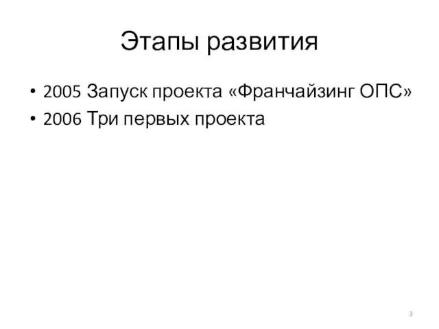 Этапы развития 2005 Запуск проекта «Франчайзинг ОПС» 2006 Три первых проекта