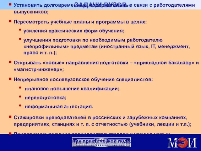 ЗАДАЧИ ВУЗОВ Установить долговременные, содержательные связи с работодателями выпускников; Пересмотреть учебные планы