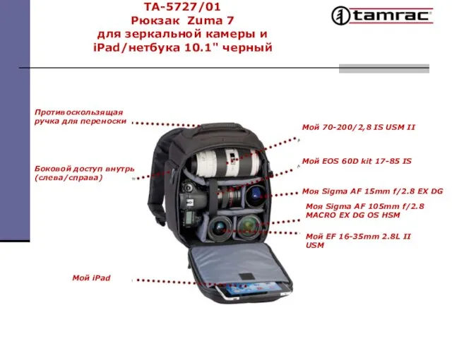 TA-5727/01 Рюкзак Zuma 7 для зеркальной камеры и iPad/нетбука 10.1" черный Боковой