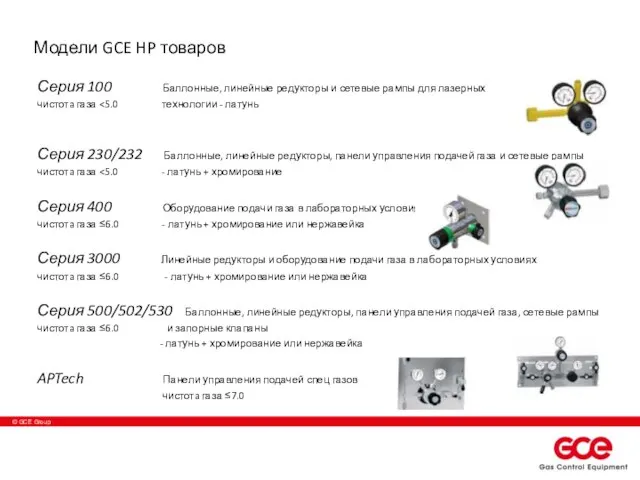 Модели GCE HP товаров Серия 100 Баллонные, линейные редукторы и сетевые рампы