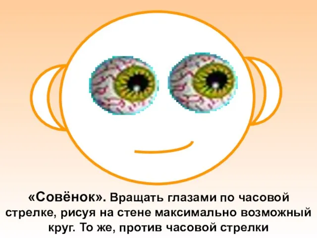 «Совёнок». Вращать глазами по часовой стрелке, рисуя на стене максимально возможный круг.