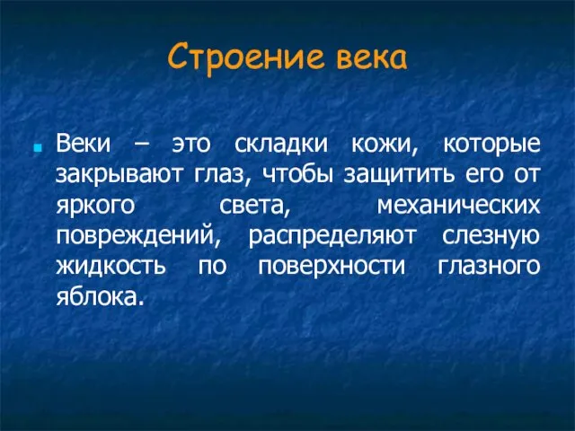 Строение века Веки – это складки кожи, которые закрывают глаз, чтобы защитить