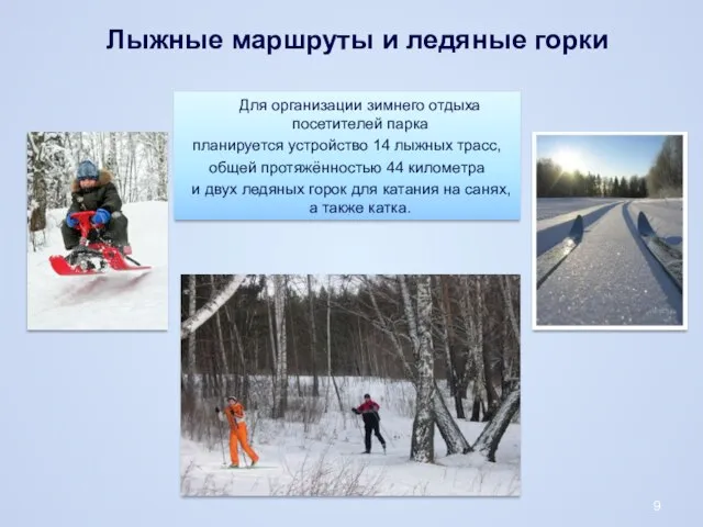 Для организации зимнего отдыха посетителей парка планируется устройство 14 лыжных трасс, общей