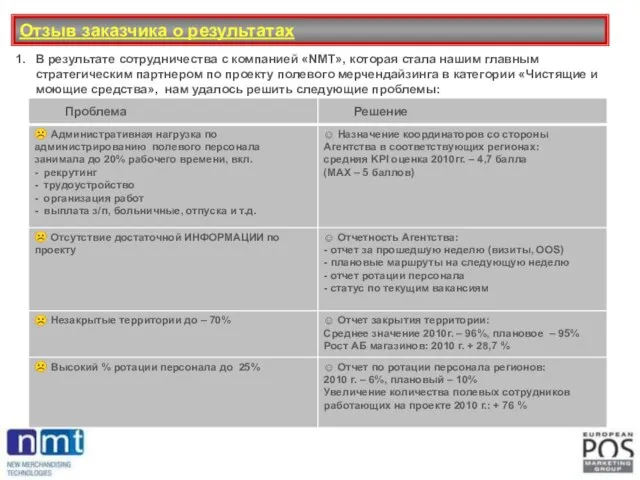 Отзыв заказчика о результатах В результате сотрудничества с компанией «NMT», которая стала