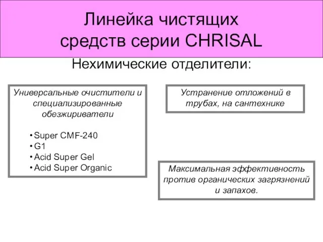 Линейка чистящих средств серии CHRISAL Нехимические отделители: Универсальные очистители и специализированные обезжириватели