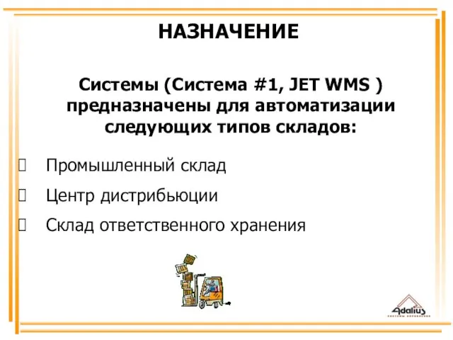 Системы (Система #1, JET WMS ) предназначены для автоматизации следующих типов складов:
