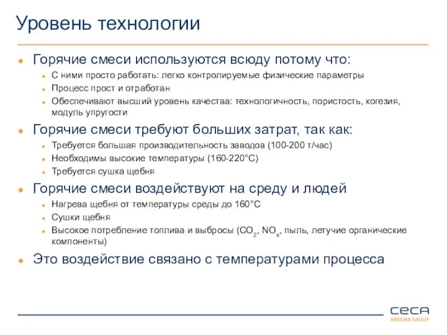 Уровень технологии Горячие смеси используются всюду потому что: С ними просто работать: