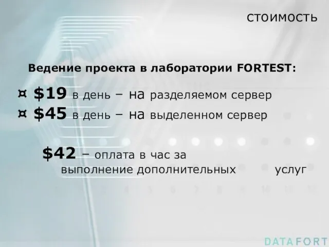 стоимость Ведение проекта в лаборатории FORTEST: $19 в день – на разделяемом