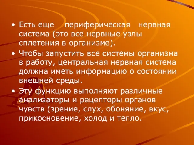 Есть еще периферическая нервная система (это все нервные узлы сплетения в организме).