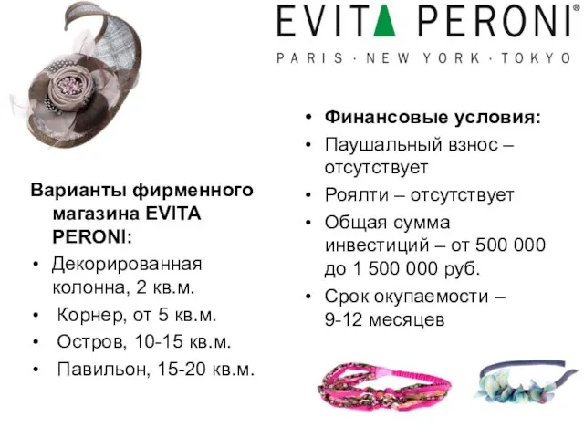 Варианты фирменного магазина EVITA PERONI: Декорированная колонна, 2 кв.м. Корнер, от 5