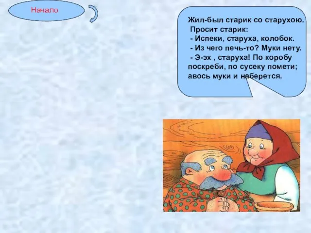 Жил-был старик со старухою. Просит старик: - Испеки, старуха, колобок. - Из