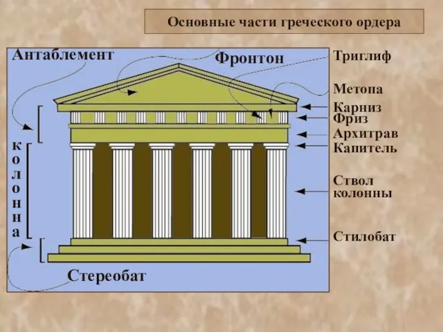 Стереобат колонна Антаблемент Фронтон Стилобат Ствол колонны Капитель Архитрав Фриз Карниз Метопа