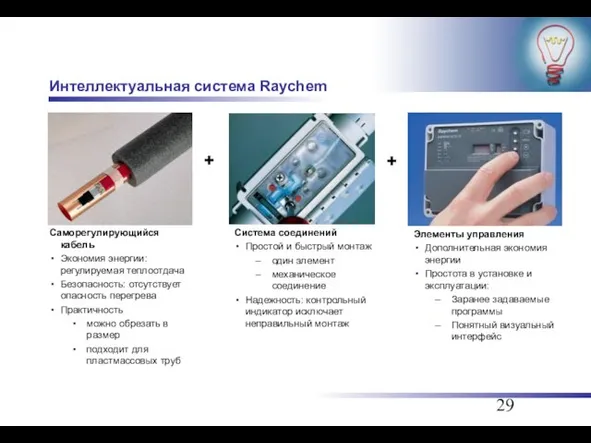 Интеллектуальная система Raychem Саморегулирующийся кабель Экономия энергии: регулируемая теплоотдача Безопасность: отсутствует опасность