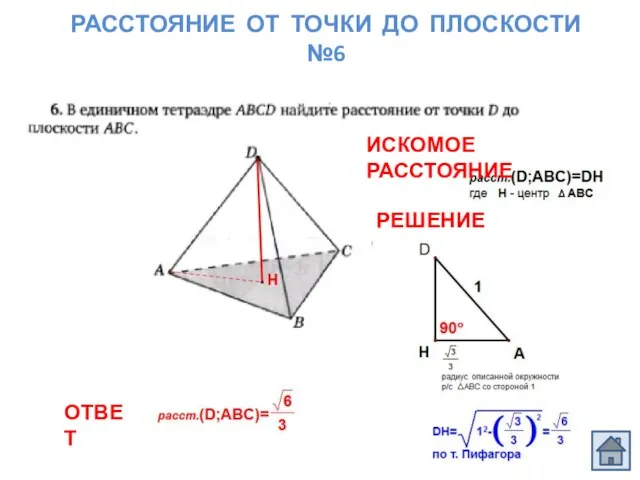 РАССТОЯНИЕ ОТ ТОЧКИ ДО ПЛОСКОСТИ №6 ОТВЕТ РЕШЕНИЕ ИСКОМОЕ РАССТОЯНИЕ