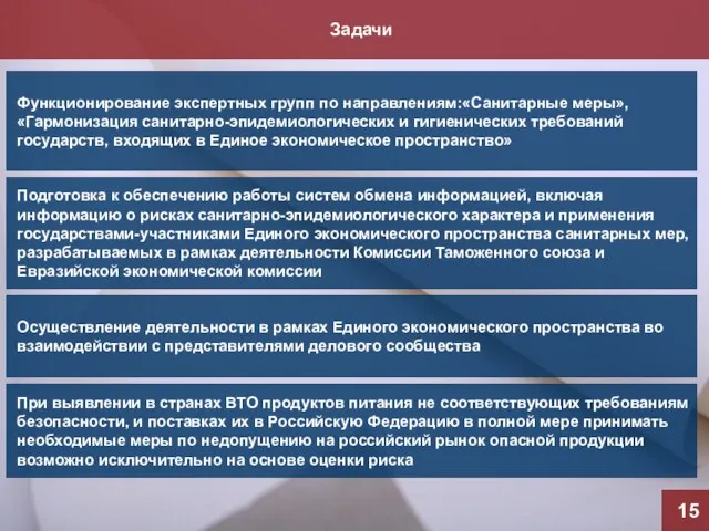 Задачи 15 Функционирование экспертных групп по направлениям:«Санитарные меры», «Гармонизация санитарно-эпидемиологических и гигиенических