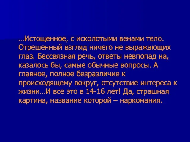 …Истощенное, с исколотыми венами тело. Отрешенный взгляд ничего не выражающих глаз. Бессвязная