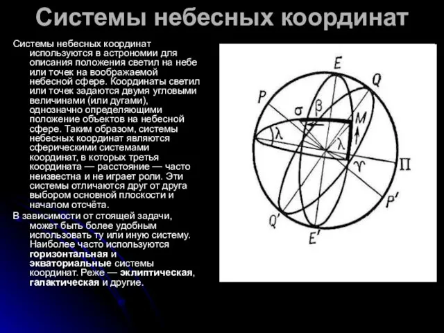 Системы небесных координат Системы небесных координат используются в астрономии для описания положения