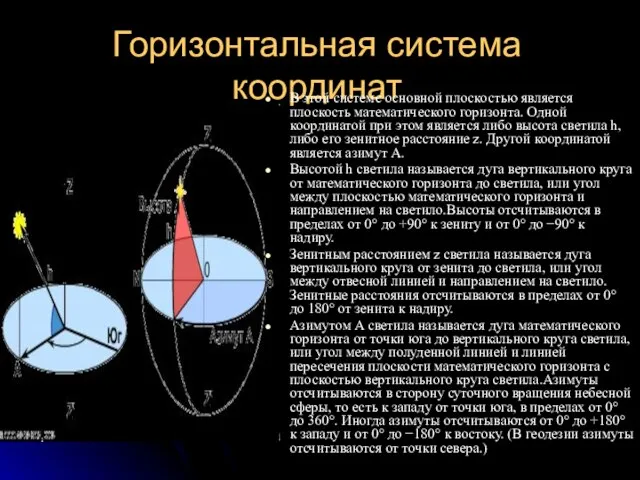 Горизонтальная система координат В этой системе основной плоскостью является плоскость математического горизонта.