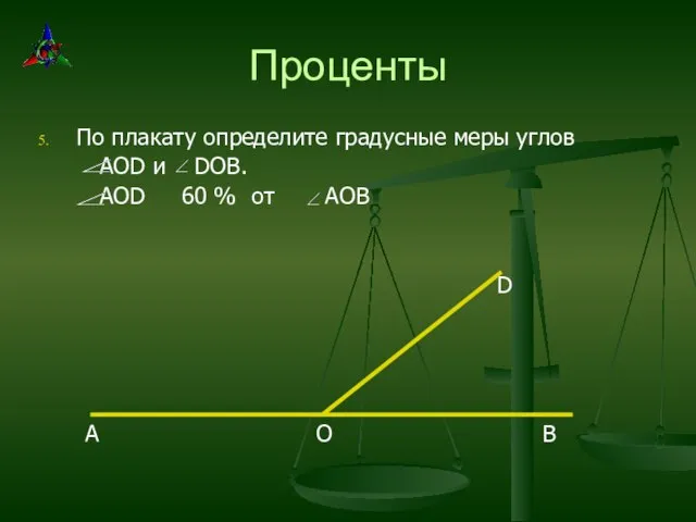 Проценты По плакату определите градусные меры углов AOD и DOB. AOD 60