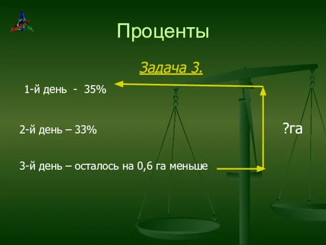 Проценты Задача 3. 1-й день - 35% 2-й день – 33% ?га