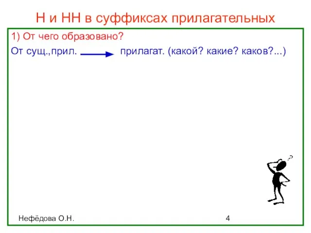 Нефёдова О.Н. Н и НН в суффиксах прилагательных 1) От чего образовано?