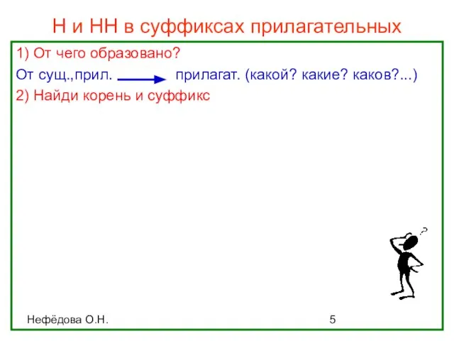 Нефёдова О.Н. Н и НН в суффиксах прилагательных 1) От чего образовано?