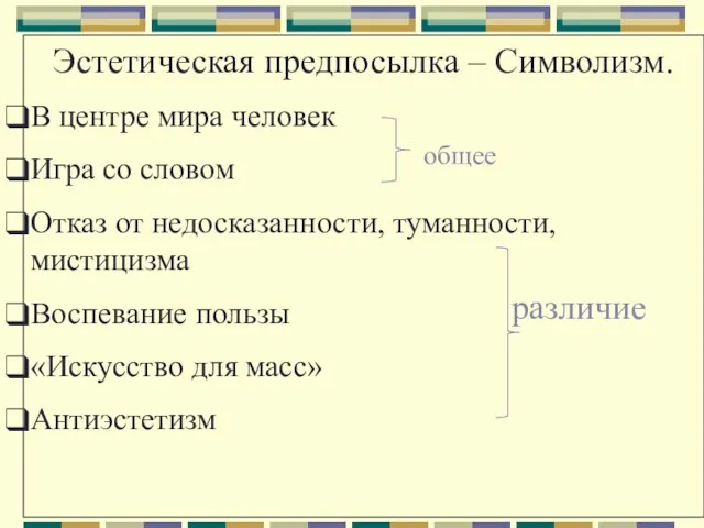 Эстетическая предпосылка – Символизм. В центре мира человек Игра со словом Отказ