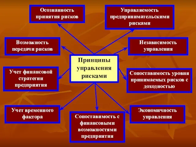 Принципы управления рисками Осознанность принятия рисков Управляемость предпринимательскими рисками Возможность передачи рисков