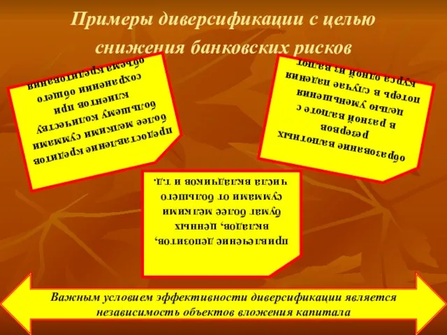 Примеры диверсификации с целью снижения банковских рисков предоставление кредитов более мелкими суммами