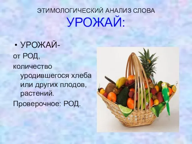 ЭТИМОЛОГИЧЕСКИЙ АНАЛИЗ СЛОВА УРОЖАЙ: УРОЖАЙ- от РОД, количество уродившегося хлеба или других плодов, растений. Проверочное: РОД.