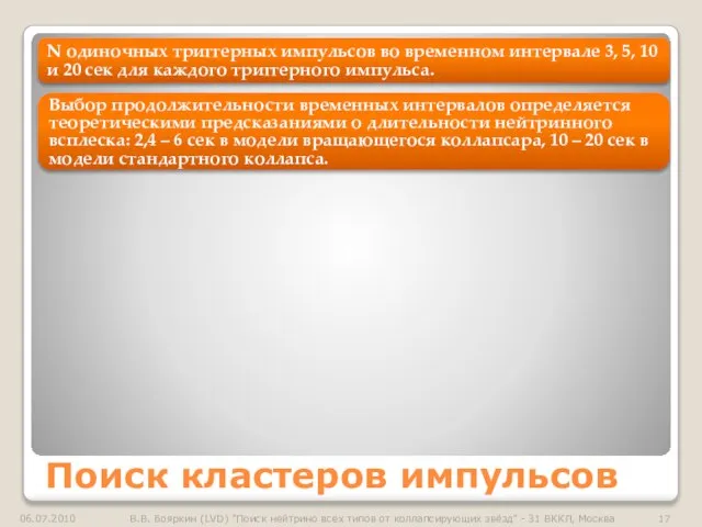 Поиск кластеров импульсов N одиночных триггерных импульсов во временном интервале 3, 5,