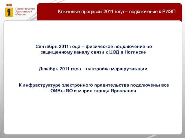 Ключевые процессы 2011 года – подключение к РИЭП Сентябрь 2011 года –