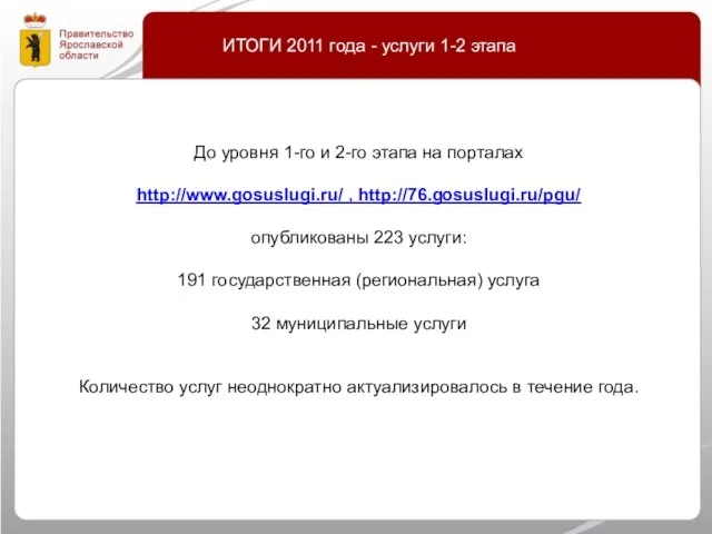 ИТОГИ 2011 года - услуги 1-2 этапа До уровня 1-го и 2-го