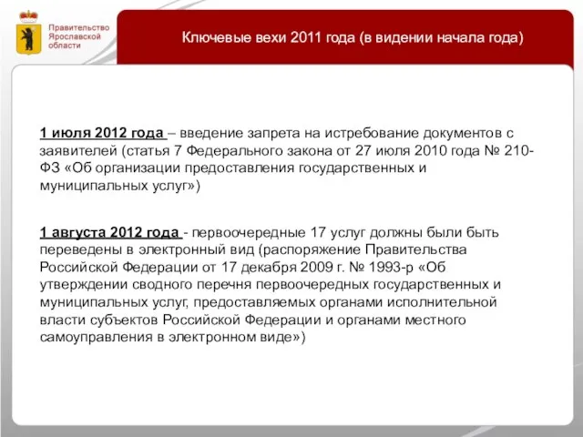 Ключевые вехи 2011 года (в видении начала года) 1 июля 2012 года